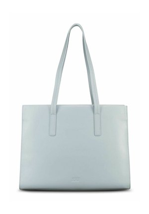 Sac fourre-tout en cuir bleu clair avec deux longues anses et un petit logo de marque embossé au centre avant.