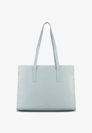 Bolso tote de piel azul claro con dos asas largas y un pequeño logo de la marca en relieve en el centro frontal.