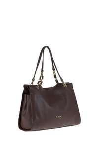 Borsa a tracolla in pelle marrone con texture a ciottoli, due manici lunghi con dettagli metallici dorati e un accento del logo discreto sulla parte anteriore.