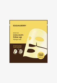 Maska hydrożelowa z kolagenem w żółtym opakowaniu; posiada dwa wycięcia na oczy i usta, szczegółowe składniki oraz grafiki "przed" i "po".