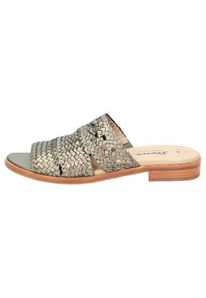 Metallic silver slide sandals with woven texture, open toe, and light brown wooden sole. Features cut-out design and leather upper.