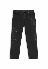 Black denim jeans with a straight cut, featuring a faded geometric pattern on the legs and contrasting red tag on the waistband.