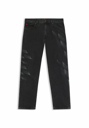 Black denim jeans with a straight cut, featuring a faded geometric pattern on the legs and contrasting red tag on the waistband.