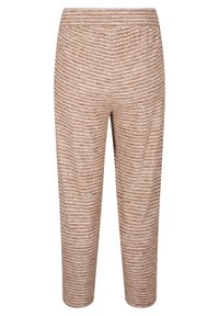 Ljusbruna randiga byxor med mjuk textur, med elastisk midja och tapered ben-design, når till mitten av vaden.