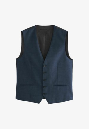 Temno modra, teksturirana brezrokavnik z V-izrezom, šestimi črnimi gumbi spredaj in dvema stranskima žepoma. Notranja podloga ima subtilen vzorec.