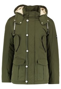 Olivi vihreä parkatakki, jossa on tikattu muotoilu, korkea kaulus ja tekoturkista vuoraus. Etuosassa on napit ja läpätaskut.