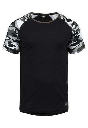 Black t-shirt with gray camouflage short sleeves, round neck, and a straight hem. Made of soft fabric with a small logo tag at the bottom.