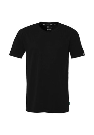 Simpel sort T-shirt med korte ærmer og rund halsudskæring med et lille Kempa-logo på venstre ærme og indersiden af kraven på en hvid baggrund.