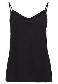 Camisole en satin noir avec fines bretelles réglables, présentant un décolleté en V et une texture lisse et élégante. Design simple et élégant, idéal pour le superposition.