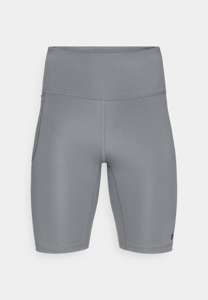 Gray athletic shorts with a high waistband, made of smooth, stretchy material. Features side pocket and flatlock seams for comfort.