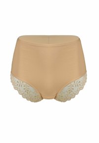Beżowe majtki z wysokim stanem wykonane z gładkiego materiału. Posiadają dekoracyjną koronkę w faliste wzory wzdłuż dolnej krawędzi.