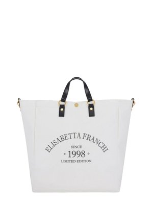 Bolso tote blanco con asas negras, herrajes dorados y texto "Elisabetta Franchi Since 1998 Limited Edition" en la parte delantera.