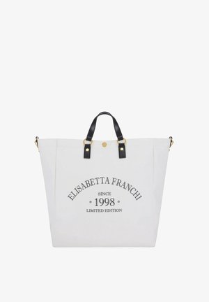 Borsa tote bianca con manici neri, accessori dorati e scritta "Elisabetta Franchi Since 1998 Limited Edition" sul davanti.