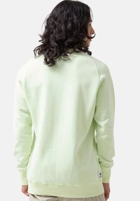 Sudadera verde claro con puños y dobladillo acanalados, cuello redondo y mangas raglán. La tela parece suave, lisa y sin adornos.