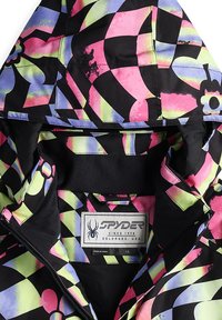 Bunte Kapuzenjacke in Schwarz mit lebhaften geometrischen Mustern in Pink, Lila und Grün. Enthält ein Etikett mit dem Markennamen.