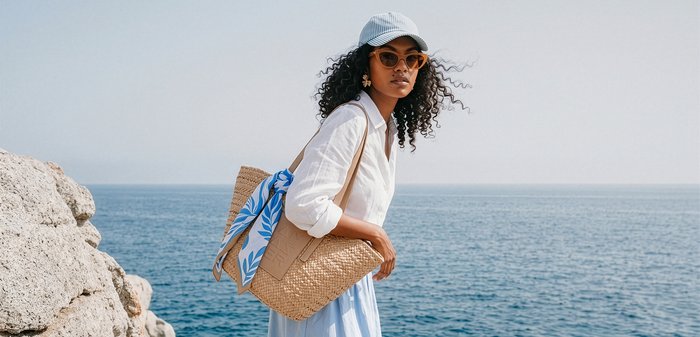 Jeune femme portant des lunettes de soleil, une chemise blanche et une casquette, debout près d’un rivage rocheux, tenant un sac en paille avec un foulard bleu à motif, océan en arrière-plan.