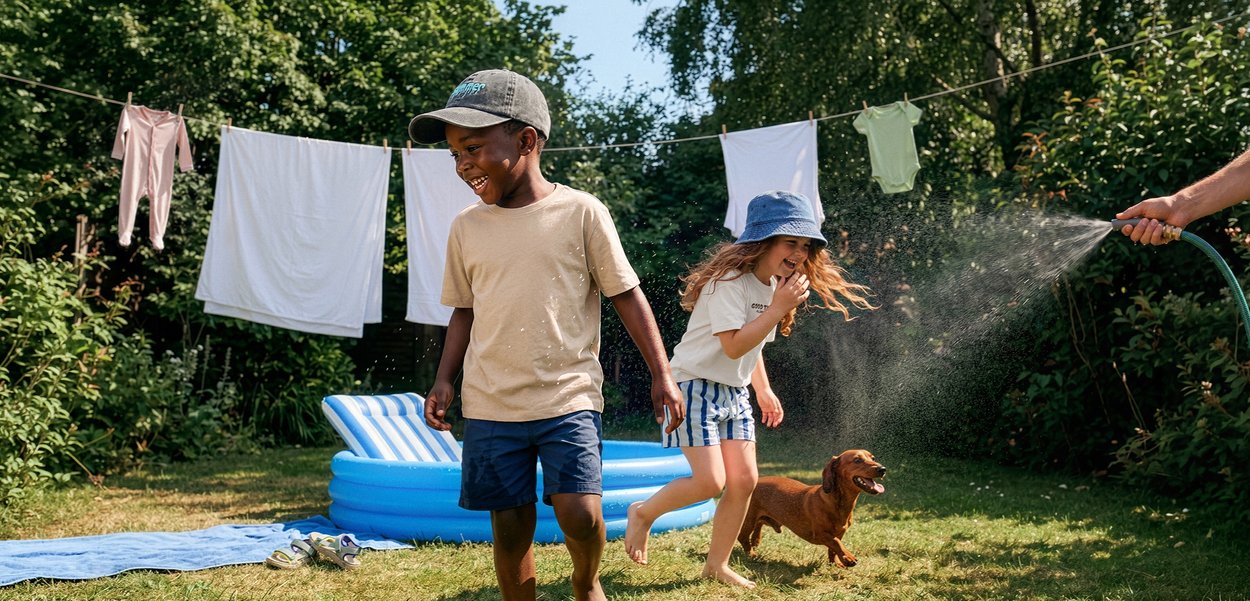 Due bambini giocano fuori vicino a una piccola piscina mentre una mano li spruzza con dell'acqua e un piccolo cane marrone corre accanto a loro.
