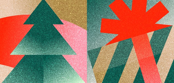 Abstrakt design med ett grönt stiliserat träd och en röd presentikon mot en bakgrund av texturerade former i rosa, guld och gröna nyanser.