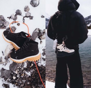 Svart høye sneakers med en teksturert overdel og en tykk, tan gummisåle, vist på steinete terreng sammen med beige og svarte sneakers.