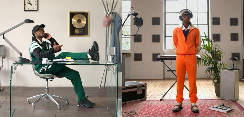 À gauche : Une personne en survêtement vert, chaussée de baskets noires, assise tranquillement à un bureau en verre. À droite : Une personne en survêtement orange, debout près d'un clavier.