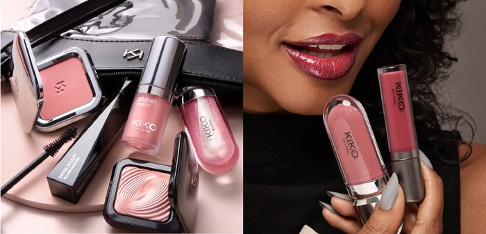 I prodotti di trucco KIKO Milano includono un fard rosa, un mascara nero e prodotti per labbra glossy in tonalità rosa e malva, disposte su una borsa nera.