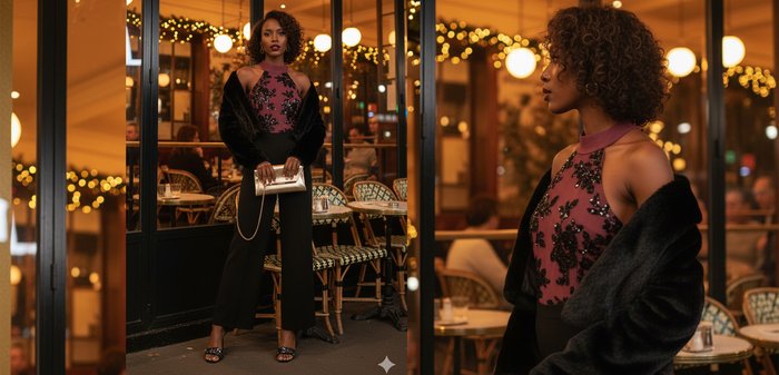 Châle en fausse fourrure noire sur un haut sans manches bordeaux avec des embellissements en perles noires. Pantalon noir et pochette dorée. Éclairage ambiant chaleureux.