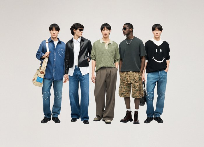 Cinq hommes debout en tenues décontractées comprenant du denim, une veste en cuir, des vêtements en maille et des shorts camouflage, sur un fond neutre uni.