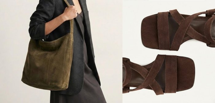 Bruine suède sandalen voor dames met vierkante neuzen, dubbele voorriemen en enkelsluiting met gesp, van bovenaf getoond op een witte achtergrond.