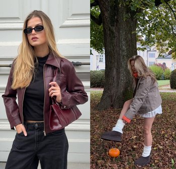 Jachetă faux leather burgundy, cu un design structurat și închidere cu fermoar; jachetă cu carouri maro, cu accente portocalii; pulover negru cu guler înalt și accesorii.