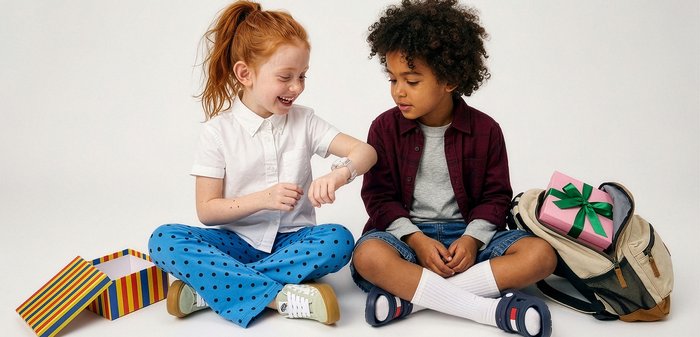 Δύο παιδιά κάθονται σταυροπόδι· ένα κορίτσι με κόκκινα μαλλιά χαμογελά ενώ κοιτάζει το έξυπνο ρολόι της, ένα αγόρι με σκουρόχρωμα μαλλιά παρακολουθεί, δίπλα τους υπάρχει σακίδιο και κουτί δώρου.