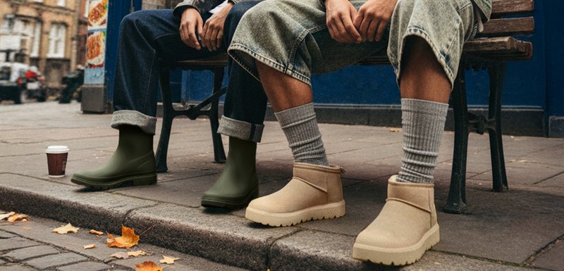 Botte de cheville verte imperméable avec une finition lisse et un revers replié. Botte de cheville en daim beige avec un dessus texturé et une semelle en caoutchouc.