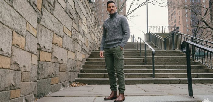 Grijze kabelgebreide trui, groene cargobroek met elastische manchetten, bruine enkellaarsjes. De setting bestaat uit stenen trappen en een betonnen muur.