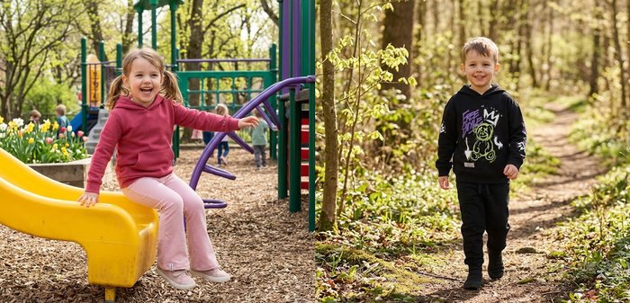 Νεαρός αγόρι με μαύρο φούτερ με κουκούλα και σχέδιο αρκούδας, περπατάει σε ένα φωτεινό μονοπάτι δάσους περικυκλωμένο από πράσινα φύλλα.