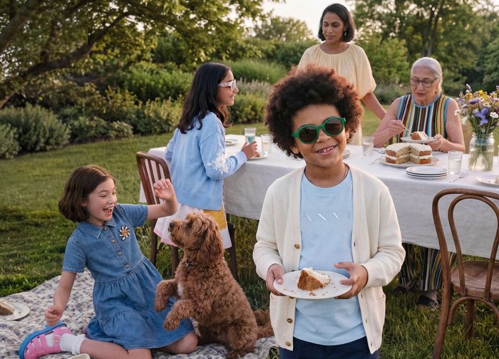 Des enfants et des adultes profitent d'une réunion en plein air avec un gâteau, un chien qui joue et une table dressée avec des boissons et des fleurs dans un jardin.