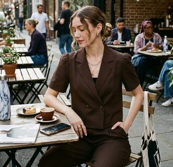 Νεαρή γυναίκα με καφέ κοστούμι κάθεται σε τραπέζι εξωτερικού καφέ με καφέ, γλυκό, τηλέφωνο και περιοδικό, άλλοι πελάτες στο φόντο.