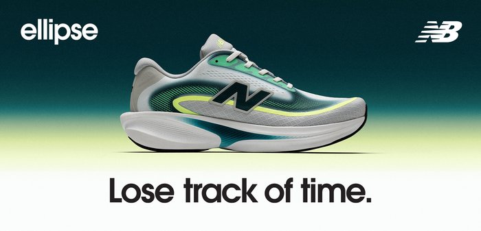 Zapatilla de correr con diseño en degradado verde y gris, suela blanca gruesa, logo de New Balance, texto "ellipse" y "Pierde la noción del tiempo" sobre fondo degradado.