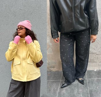 Palton galben din piele întoarsă cu două buzunare frontale, asortat cu mănuși roz tricotate și căciulă roz; jachetă neagră din piele cu blugi negri cu talie largă și buline, și pantofi cu vârful ascuțit.