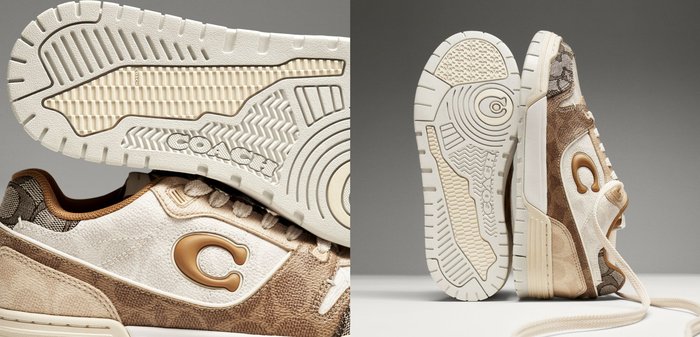 Sneaker mit einer strukturierten braunen und cremefarbenen Oberfläche, die ein abgerundetes Logo-Akzent und ein gemustertes Design aufweist, ergänzt durch eine weiße Gummisohle.