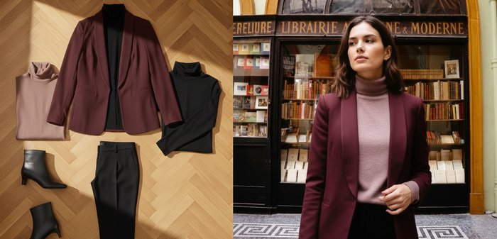 Blazer bordeaux sur un col roulé rose clair, texture lisse, coupe ajustée, avec un pantalon foncé, dans une bibliothèque avec des étagères en bois.