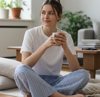 Νεαρή γυναίκα με λευκό πουκάμισο και ριγέ παντελόνι καθισμένη σταυροπόδι στο πάτωμα, κρατώντας μια κούπα, με φυτά και βιβλία στο φόντο.