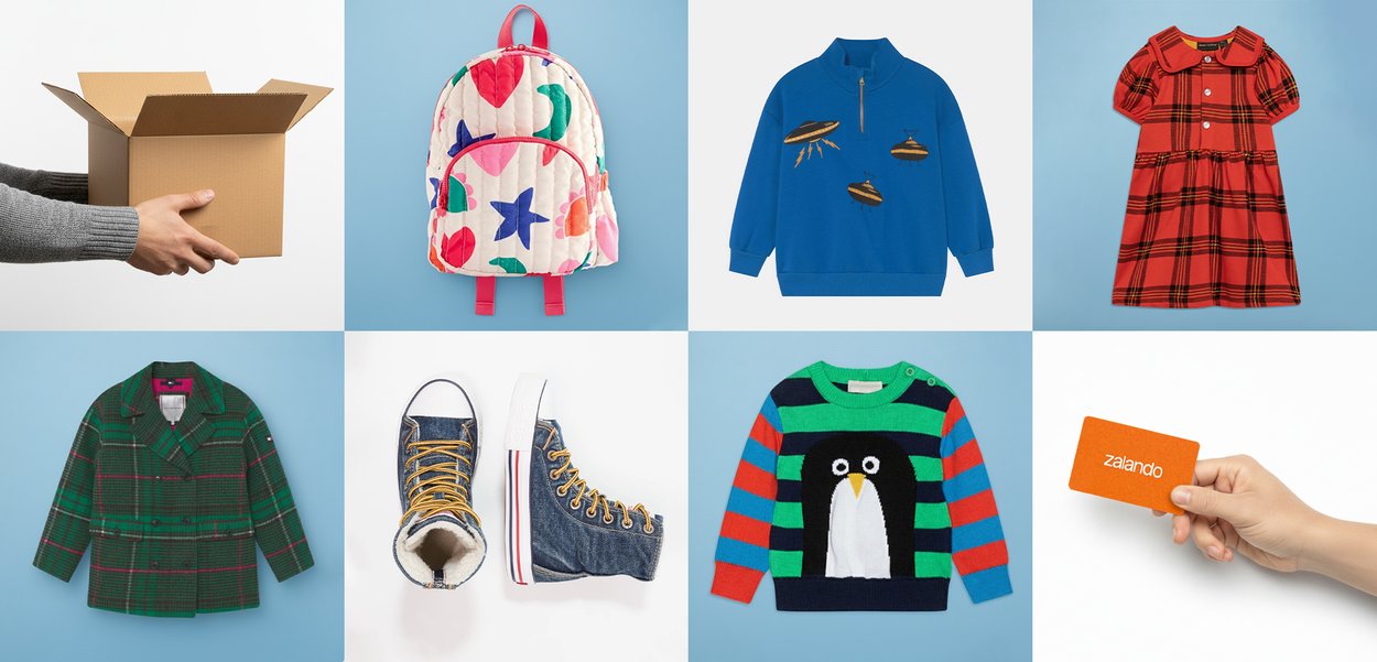 Boîte en carton marron, sac à dos matelassé avec des motifs colorés, sweat-shirt zippé bleu avec des OVNIs, robe à carreaux rouge, manteau à carreaux verts, baskets montantes en denim, sweat à rayures avec un pingouin, carte orange.