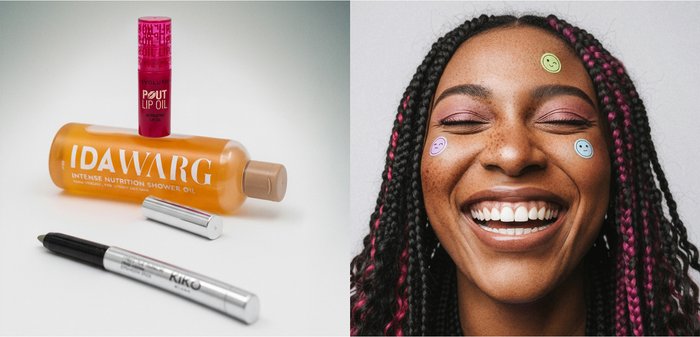 Drie schoonheidsproducten: een oranje fles IDAWARG doucheolie, een roze lipolie en een zilveren eyeliner. Glimlachend gezicht met roze en groene stickers.