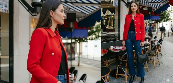 Femme en veste rouge boutonnée et jeans bleus tenant un sac à main noir, debout près de tables de café en plein air avec des dessus rouges dans une rue de la ville.