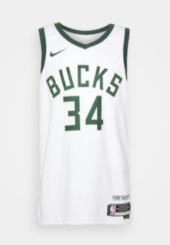 Valge varrukateta korvpallimärkusega särk roheliste detailidega, millel on rinnal trükitud "BUCKS" ja all number "34", tootjaks Nike.