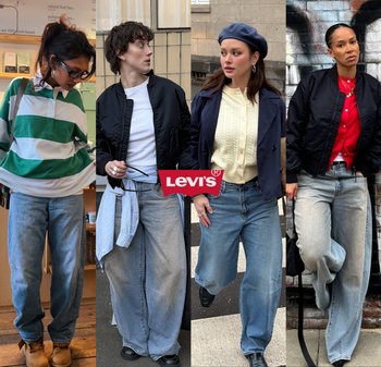 Vier vrouwen in verschillende casual outfits met Levi's jeans, staand of poserend in stedelijke en binnenomgevingen.