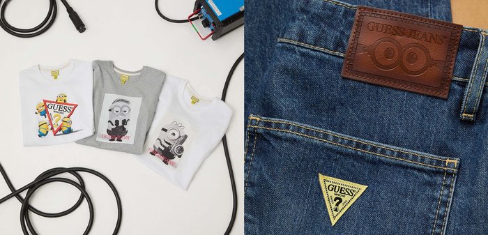 Trois t-shirts Guess Jeans pliés sur le thème des Minions en blanc et gris entourés de câbles électriques noirs sur une surface blanche.