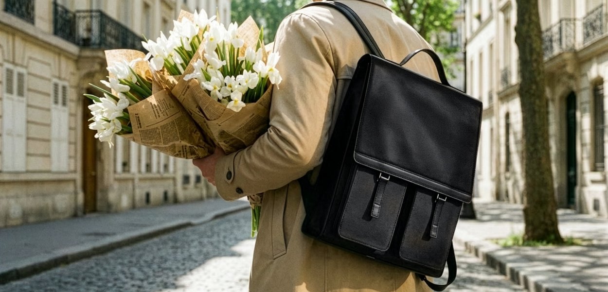 Person iført beige frakk og svart ryggsekk, holder tre buketter med hvite blomster innpakket i avispapir på en brosteinsbelagt gate.