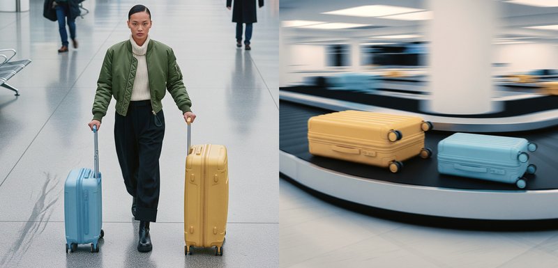 Deux valises rigides, une bleue et une jaune, avec une texture nervurée et des roues multidirectionnelles, sur un tapis roulant et en cours de transport.