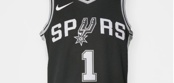 Maillot de basket-ball noir avec l'inscription "SPURS" en blanc, numéro "1" à l'avant, et logo Nike en haut à droite. Tissu en mesh, design sans manches.