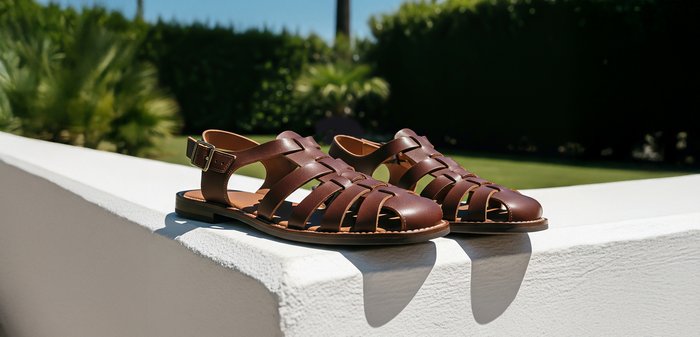 Bruine leren sandalen met een geweven ontwerp, open teen, enkelband en gespsluiting. Platte zool met een lichtbruine binnenzool.